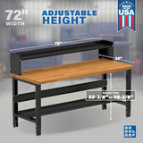 Borroughs 72" W x 30" D Heavy-Duty Industrial Workbench, Hardwood Top, 2000 LB Capacity, Bottom & Ledge Shelves, Adjustable Height 32-38" Borroughs