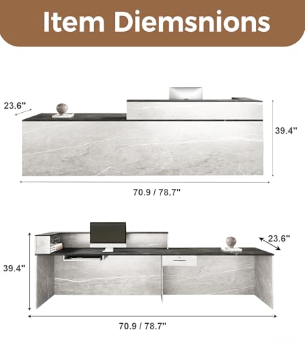 79" L-Shaped Reception Desk with Counter – Modern Front Desk Reception Room Table with Lockable Drawer, Keyboard Tray & Cable Grommet for Office, Salon, Lobby, Checkout (Gray & Black, Left) Anzhap