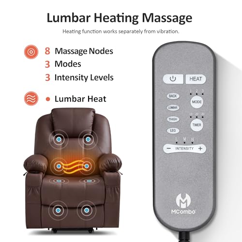 MCombo Large Power Lift Recliner Chair with Massage and Heat for Tall Elderly People, 3 Positions, Cup Holders, and USB Ports, Faux Leather 7516 (Large, Light Brown)