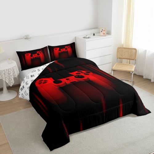 Feelyou Twin Comforter Set for Boys Gamer Bedding Set for Boys Kids Gaming Comforter Red Black Teen Child Gamer Room Decor Soft Game Geometric Duvet Quilted 1 Comforter with 1 Pillowcase Gamer Gifts Feelyou