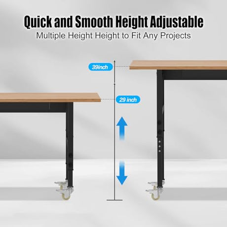 48” Adjustable Wood Work Bench, Heavy Duty Work Table with Power Outlets & Drawers Wheels for Workshop, Garage, 3000 Lbs Capacity Maemttes