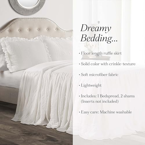 Lush Decor Ruffle Skirt Bedspread Set - 3-Piece Luxurious Farmhouse Bedding - Elegant Ruffle Detail - Timeless Style - Soft Lightweight Sheets - Queen, White Lush Decor