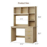 FREDEES LED Study Desk with Hutch, Home Office Desk with Charging Station & Storage Drawer, 70'H Writing Table with Glass Display Cabinet, 3 Color Light Computer Desks for Study, Wood FREDEES