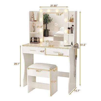 Vanity Desk with Lights,Makeup Vanity with Power Strip,Dressing Table Set with 2 Large Drawers,Vanity Mirror 3 Lighting Color Adjustable,White - WoodArtSupply