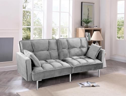 Container Furniture Direct Regal 75.6" Velvet Convertible Sofa Bed - Mid-Century Sleeper Couch w/Tufted Design & Metal Legs - Pull-Out Futon for Guests/Home (75.6" W x 34.6" D x 32" H), Grey Container Furniture Direct