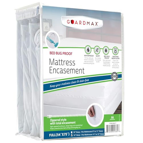 Guardmax Jersey Knitted Full Zippered Mattress Encasement - Waterproof & Bed Bug Proof Mattress Protector - Comfortable, Soft, and Noiseless Zippered Bedding - Dust Mite Proof (54 x 75 x 12) Guardmax