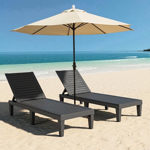 NBYSGO Outdoor Lounge Chairs Set of 2, 5-Position Adjustable Tanning Chairs with Wood Grain, All-Weather Resin Patio Recliners for Pool, Garden, Deck, Beach, Patio Lounge Chairs, Texture Black