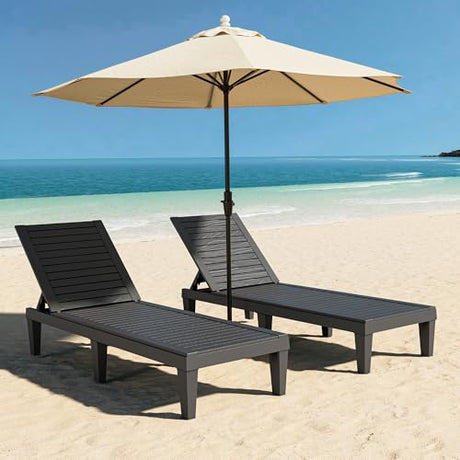 NBYSGO Outdoor Lounge Chairs Set of 2, 5-Position Adjustable Tanning Chairs with Wood Grain, All-Weather Resin Patio Recliners for Pool, Garden, Deck, Beach, Patio Lounge Chairs, Texture Black NBYSGO