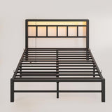 Maliacife Full Size Bed Frame with Headboard,LED Light and Charging Station with Wood Shelves,Metal Platform Bed with Heavy Duty Slats Support,No Box Spring Needed,Easy Assembly,Noise Free,Black Maliacife