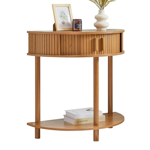 Entryway Table, Half Moon Fluted Console Tables with Storage, Mid Century Modern Small Half Round Sofa Tables for Hallway, Narrow Curved Accent Decor Table for Living Room (Mid-Century Modern, Walnut) Janmer Home