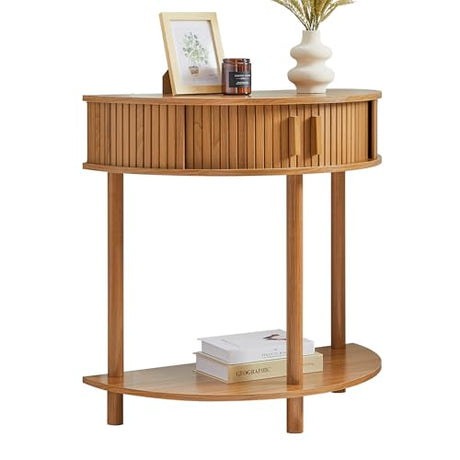 Entryway Table, Half Moon Fluted Console Tables with Storage, Mid Century Modern Small Half Round Sofa Tables for Hallway, Narrow Curved Accent Decor Table for Living Room (Mid-Century Modern, Walnut) Janmer Home
