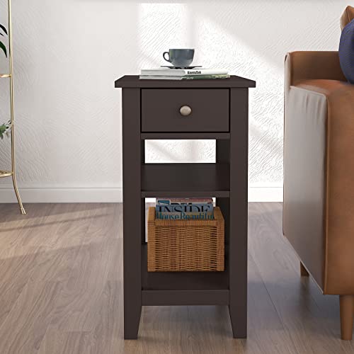 ChooChoo Side Table Living Room, Narrow End Table with Drawer and Shelf, 3-Tier Sofa End Table for Small Space, Espresso ChooChoo