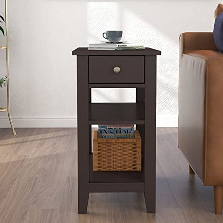 ChooChoo Side Table Living Room, Narrow End Table with Drawer and Shelf, 3-Tier Sofa End Table for Small Space, Espresso ChooChoo