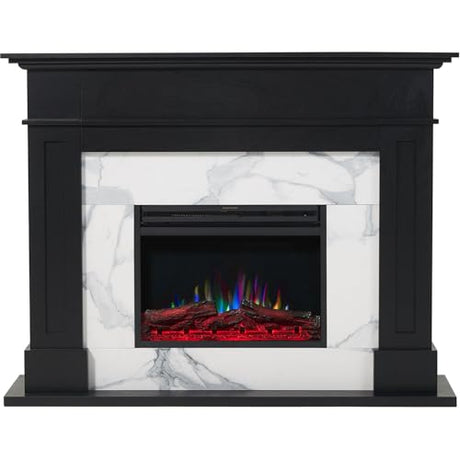 Cambridge Sofia 53-in. Freestanding Fireplace Mantel in Black with White Marble Inlay and Log Display, Electric Heater Insert with Color Changing Flames for Living Room, Bedroom CAMBRIDGE