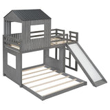 Harper & Bright Designs House Bunk Bed with Slide,Wood Twin Over Full Bunk Bed with Roof,Ladder & Safety Guardrail,Floor Bunk Loft Bed for Kids,Teens,No Box Spring Needed, Antique Grey Harper & Bright Designs