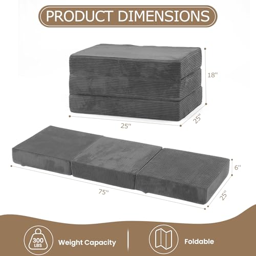feliz home 6-Inch Tri-Fold Mattress Single Size - Foldable Futon Sofa Bed with Removable Washable Cover, Folding Memory Foam Futon Mattress | Non-Slip Bottom & Carry Handles for Guest, Camping, Dorm feliz home