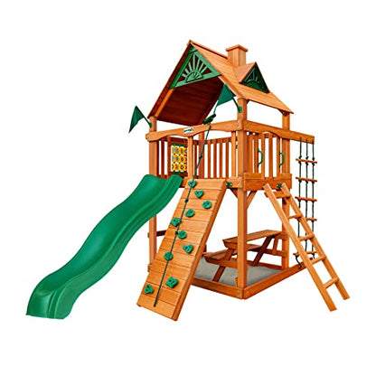 Gorilla Playsets 01-0061-AP Chateau Tower Wooden Play Tower with Wood Roof, Slide, and Climbing Wall, Brown - WoodArtSupply