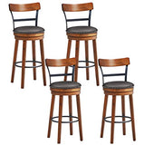 COSTWAY Bar Stools Set of 4, 360-Degree Swivel Stools with Leather Padded Seat, Single Slat Ladder Back & Solid Rubber Wood Legs, Bar Height Stools for Pub, Restaurant, Kitchen, Brown (4, 30.5) COSTWAY
