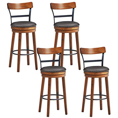 COSTWAY Bar Stools Set of 4, 360-Degree Swivel Stools with Leather Padded Seat, Single Slat Ladder Back & Solid Rubber Wood Legs, Bar Height Stools for Pub, Restaurant, Kitchen, Brown (4, 30.5) COSTWAY