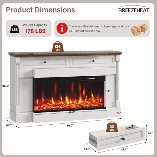BREEZEHEAT 61" Electric Fireplace with Mantel, Freestanding Fireplace Heater TV Stand with 40" 3-Side Glass Insert for TVs Up to 70" with 2 Drawers for Living Room, Antique White BREEZEHEAT