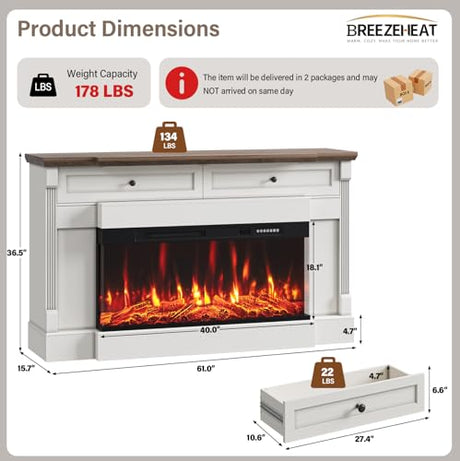 BREEZEHEAT 61" Electric Fireplace with Mantel, Freestanding Fireplace Heater TV Stand with 40" 3-Side Glass Insert for TVs Up to 70" with 2 Drawers for Living Room, Antique White BREEZEHEAT