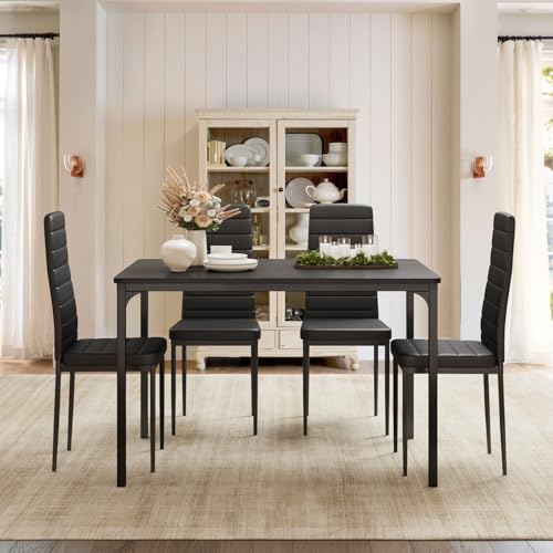 Gizoon Dining Table Set for 4, Kitchen Table Chairs Set of 4, 5 Piece Kitchen Table Set with 4 Upholstered PU Leather Chairs for Dining Room, Living Room, Apartment, Small Space, Black Gizoon
