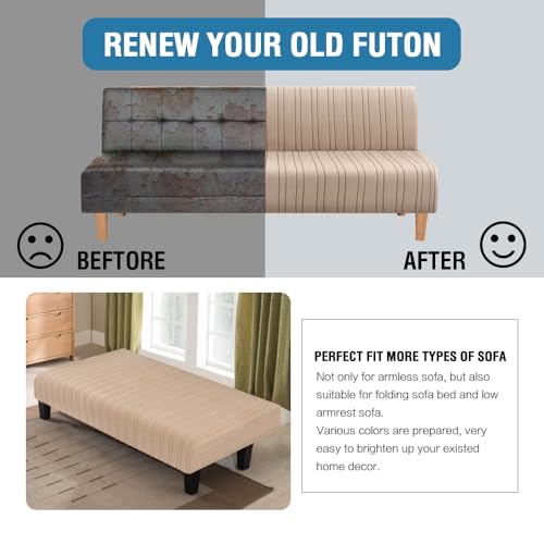 H.VERSAILTEX Stretch Futon Slipcover Armless Sofa Cover Furniture Protector Without Armrests Slipcover Soft with Elastic Bottom for Kids, Spandex Jacquard Modern Stripe Design, Sand H.VERSAILTEX