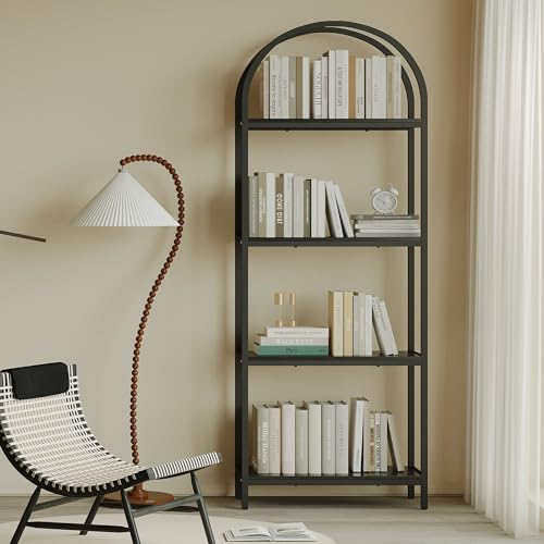 Kogven Arched Industrial 4-Tier Bookcase with Metal Frame - 72" Tall Freestanding Storage Rack in Black - WoodArtSupply