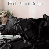 Heywaller 5-Piece Pinch Pleat Duvet Cover Set, Pintuck Duvet Cover Queen Size with Zipper, Black Satin Duvet Cover Shabby Chic Bedding (2 Pillow Shams + 2 Pillowcases), No Comforter Heywaller