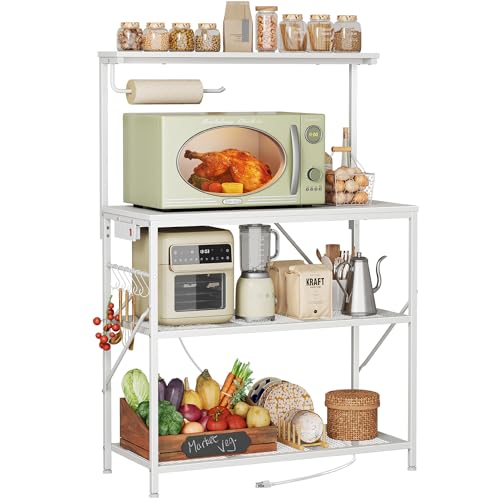 Huuger 4-Tier Bakers Rack with Reversible Power Outlet, 31.5 Inch Microwave Stand, Kitchen Coffee Bar, with Top Shelf, 6 S Hooks, White
