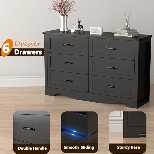Xixini Dresser with 6 Drawers, Double Dresser for Bedroom, Black Farmhouse Chest of Drawers, Wide Wood Storage Dresser Organizer, Rustic TV Stand with Metal Handle for Hallway, Living Room, Entryway Xixini