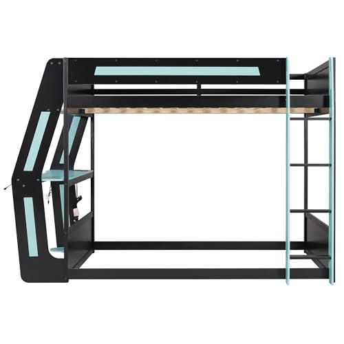 SOFTSEA Full Size Gaming Loft Bed with Desk, LED Lights & Charging Station, Wood Full Gaming Bunk Bed with Desk and Storage Shelves for Kids Teens Adults, Black & Blue SOFTSEA