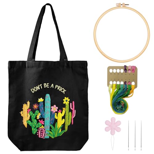Louise Maelys Cactus Embroidery Kit Canvas Tote Bag for Beginners,Cross Stitch Kits for Adults,DIY Funny Plant Flowers Pattern,Women Shopping Reusable Grocery Bags
