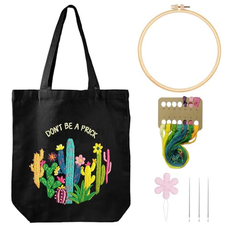 Louise Maelys Cactus Embroidery Kit Canvas Tote Bag for Beginners,Cross Stitch Kits for Adults,DIY Funny Plant Flowers Pattern,Women Shopping Reusable Grocery Bags Louise Maelys