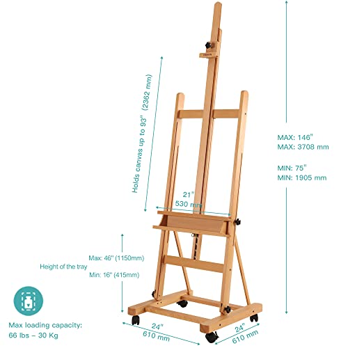 VISWIN Premium H Frame Easel 75" to 146"H, Hold Canvas to 93", Solid Beech Wood Large Artist Easel for Painting Canvas, Studio Floor Easel Stand with Storage Tray, Wheel, Wooden Art Easel for Adult-N VISWIN
