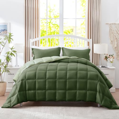 SunStyle Home King Size Comforter Set - 3 Pieces Box Stitched Reversible Comforters King Size, Lightweight Bedding Sets with 1 Down Alternative Comforter and 2 Pillow Shams for All Seasons,Green SunStyle Home
