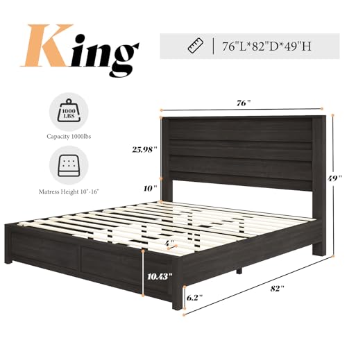 AMERLIFE Farmhouse King Size Bed Frame with 49" Fluted Headboard, Wood Platform Bed with Natural Grain, No Box Spring Needed/Noise Free, Black AMERLIFE