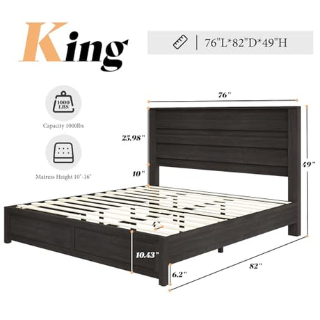 AMERLIFE Farmhouse King Size Bed Frame with 49" Fluted Headboard, Wood Platform Bed with Natural Grain, No Box Spring Needed/Noise Free, Black AMERLIFE