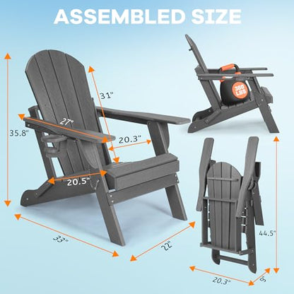 Folding Adirondack Chair, Patio Chair with Cup Holder, Wood Texture Fire Pit Chair, Heavy Duty HDPE Weather Resistant for Outdoor Lawn Porch Garden Backyard Deck (Grey) - WoodArtSupply