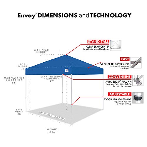 E-Z UP Envoy Outdoor Canopy Pop Up Tent, 10' x 10', Roller Bag, 4-Piece Spike Set, Recreational Grade, Royal Blue Top E-Z UP