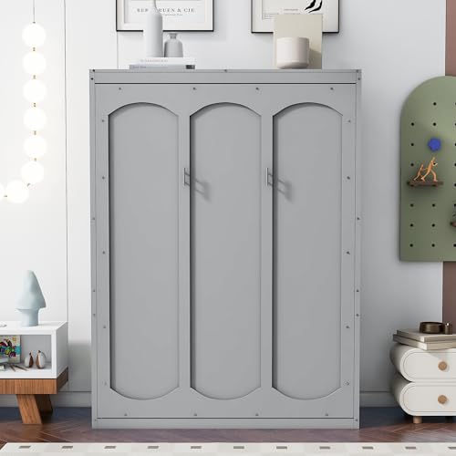 Ball & Cast Full Size Murphy Bed Wall Bed with Shelves and Mattress Holder,Wood Hideaway Cabinet Chest w/Slat Support,can be Folded,for Small Room,Dorms,Gray Ball & Cast