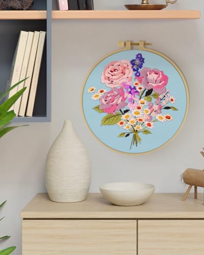 ERKOON Embroidery Kit for Beginners, Flower Cross Stitch Set for Include Embroidery Cloth Hoops Threads for Craft Lover Hand Stitch with Embroidery Skill Techniques (Bouquet) ERKOON