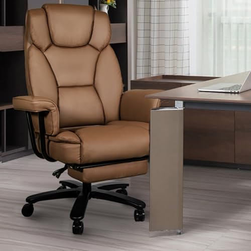 Sucrever Reclining Office Chair with Footrest, Big and Tall Home Office Desk Chairs 400lbs with High Back, Criss Cross Wide Seat, Heavy Duty Base, Pu Leather, Brown Sucrever