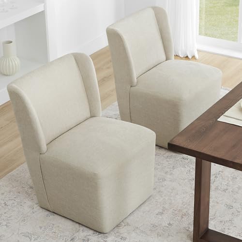 KISLOT Upholstered Dining Chair with Casters Wingback Modern Side Armless Deskchair with Rollers for Diningroom Bedroom Livingroom Reading Room,Cream Beige,2 Box KISLOT