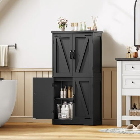 TEENFON Farmhouse Storage Cabinet with 2 Adjustable Shelves, Kitchen Cabinet with 4 Doors, Cupboard for Kitchen, Living Room, Black TEENFON