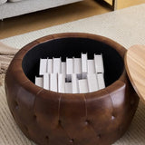 gusohey Round Storage Ottoman with Wooden Lid, Tufted PU Leather Circle Ottoman Footrest Stool Bench Coffee Table for Living Room,Brown gusohey