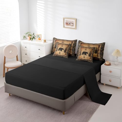 Feelyou Kids Rustic Bear 7 Piece Bedding Set King Size Farmhouse Forest Animal Black Bear Comforter Set with Sheets Boys Girls Hunting Country Brown Bed in a Bag Feelyou