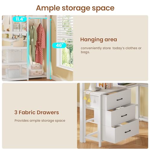 Itaar Stairway Twin Size Loft Bed with L Shaped Desk and Wardrobe, Metal Loft Bed Frame with Stairs, 3 Fabric Drawers, LED Lights & Charging Sation, No Noise & No Box Spring Needed, White Itaar