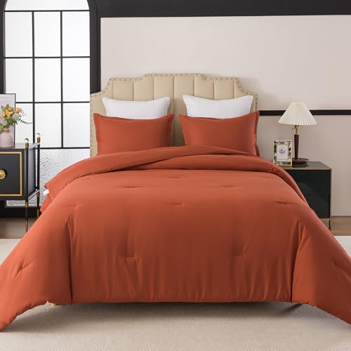 Caressma Full Comforter Set Burnt Orange, Soft Prewashed Solid 3 Pieces Bedding Comforter for All Seasons,Fluffy Microfiber Terracotta Boho Comforter (79"x90") for All Seasons with Pillowshams Caressma