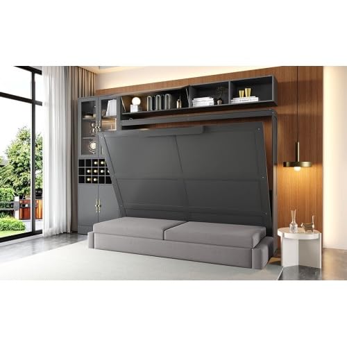 CITYLIGHT Queen Size Murphy Bed with Wine Rack, Storage Cabinet and Shelves, Wooden Wall Bed Frame with Sofa, USB Ports and LED Lights (Gray) CITYLIGHT